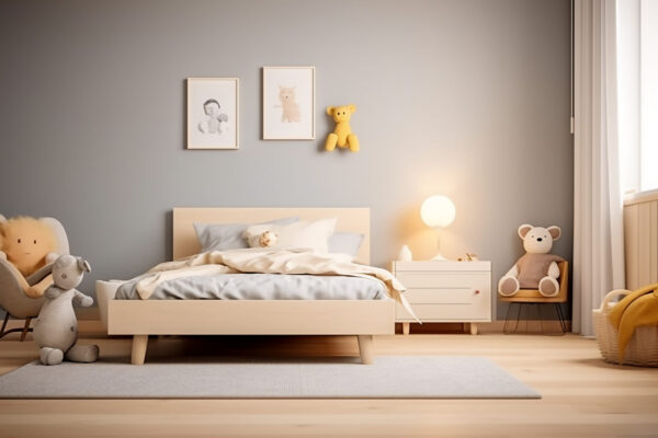 Intérieur d'une chambre d'enfant avec un lit en bois. Rendu 3D