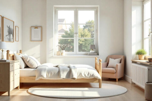 Intérieur de chambre lumineux et aéré avec lumière naturelle entrant